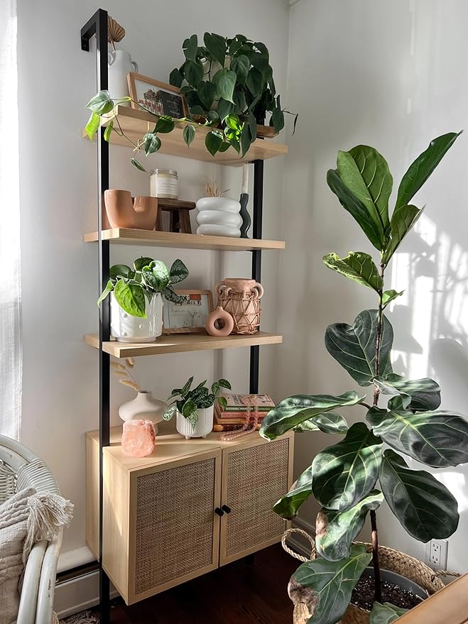 Nathan James Theo Ladder 3 tier Open Bookshelf with Rattan Drawers and Matte Steel Frame, Light Oak/Black