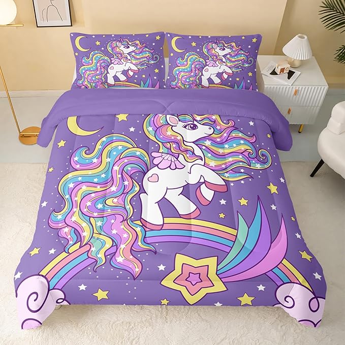 Unicorn Comforter Twin Size,Rainbow Unicorn Comforter Set for Kids Teens Girls,3Pcs Bedding Set Printed Comforter with 2 Pillowcases,Down Alternative,Soft and Lightweight(Purple，Twin Size)