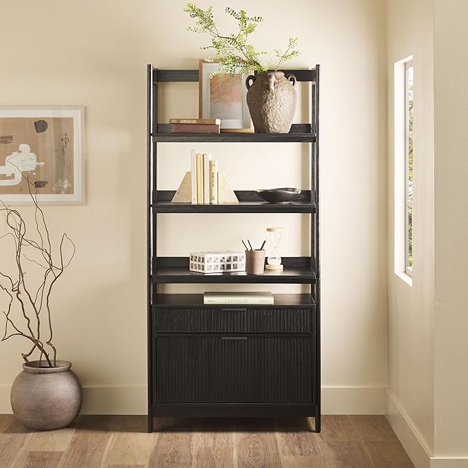 Walker Edison Modern Reeded 4-Shelf Bookshelf Bottom, 33 Inch, Two-Drawer Black