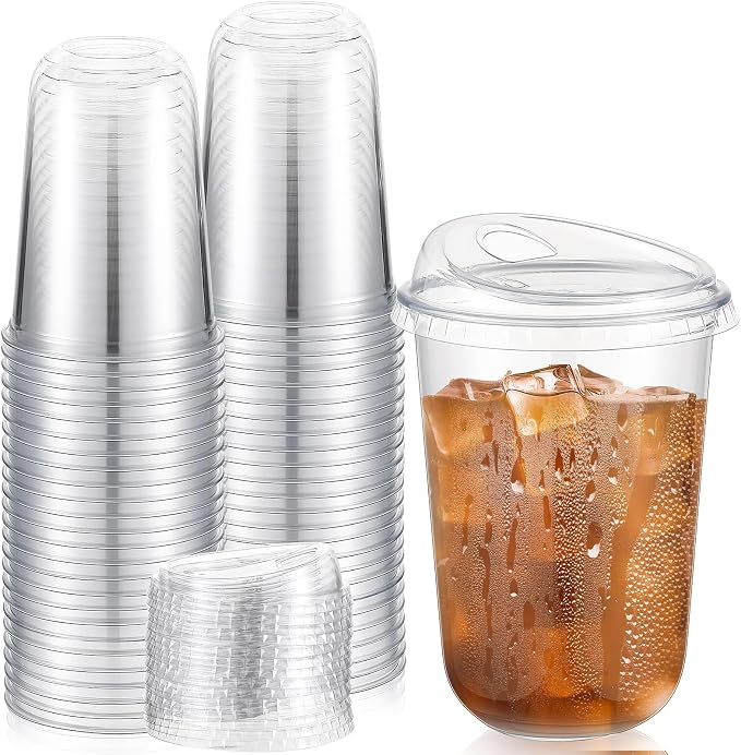 Ziliny 50 Sets Clear Plastic Coffee Cups with Sip Lids, Disposable Plastic PET Crystal Cups for Iced Coffee, Smoothie, Cold Beverage, Drink Shops and Party Catering(Clear,16 oz)
