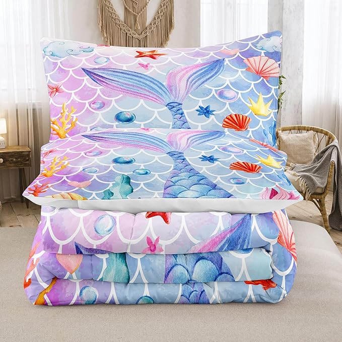 NINENINE Mermaid Bedding 5PCS Twin Size Glitter Comforter Set Princess Toddler Bedding Sets for Girls (1Comforter, 1Flat Sheet, 1Fitted Sheet, 2Pillowcases)…