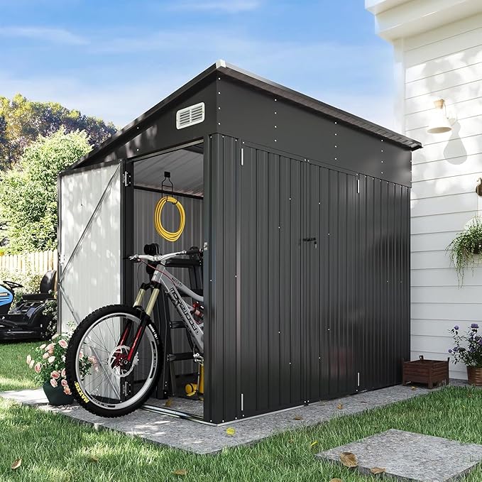 Aoxun 7.5'x4' Triple Door Shed Outdoor Storage Shed with Three Lockable Door for Easily Accessing Metal Storage Cabinet with Slopping Roof for Tools Bicycles Storage for Garden, Backyards (Black)
