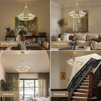 Gold Wagon Wheel Chandelier, 24 Inch Brass Chandeliers with Unique Glass Shade, 6-Light Crystal Farmhouse Wagon Wheel Chandeliers for Dining Room, Round Chandelier for Living Room, Foyer, Entryway
