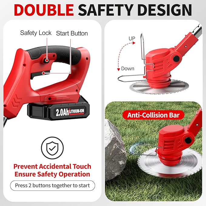 Cordless Weed Wacker, Electric Weed Eater with 4 Types of Blades & 2 * 2.0Ah Batteries, Lightweight Brush Cutter Foldable String Trimmer, Battery Powered Lawn Mover for Lawn Yard (Red)