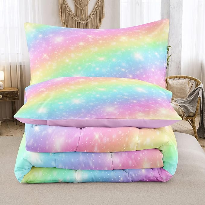 NINENINE Rainbow Bedding Sets,Pink Comforter Sets for girls,Girls Bedding Sets Full,Full Size Comforter Set for girls,Galaxy Comforter Toddler Bedding Set with 1 Comforter 2 Pillowcases