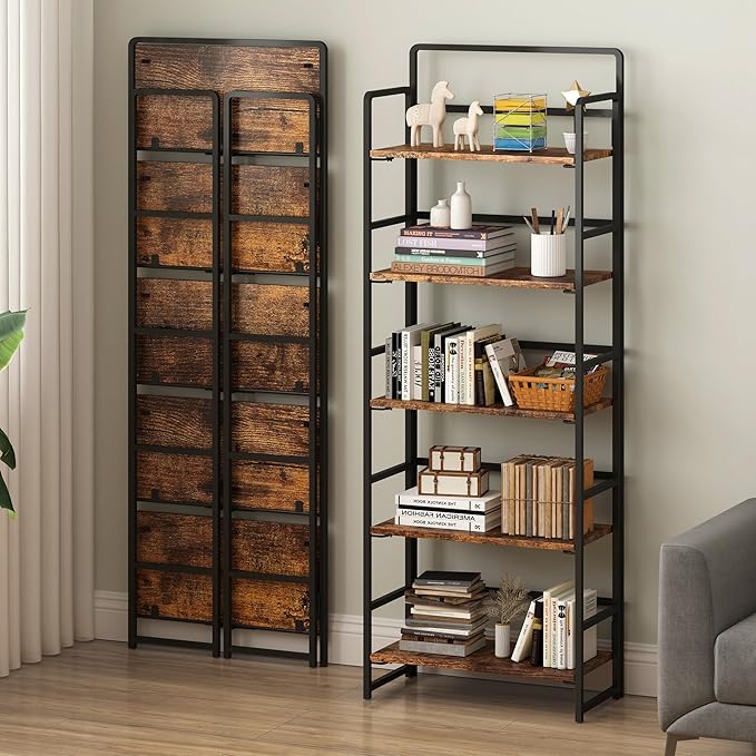 4NM No-Assembly 5 Tiers Folding Bookshelf Storage Shelves Vintage Bookcase Standing Racks Study Organizer Home Office (Rustic Brown, 5 Tiers)