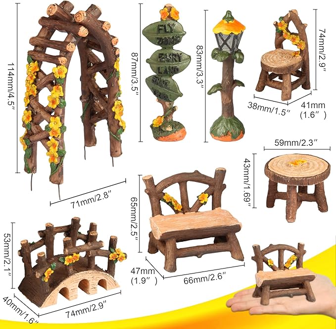 Fairy Garden Accessories, LATTOOK 8PCS Miniature Table and Chairs Set Fairy Garden Furniture Ornaments Kit for Dollhouse Accessories Home Outdoor Micro Landscape Decoration