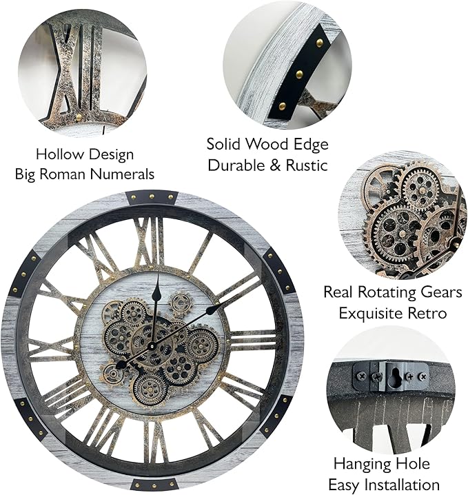 DORBOKER 36" Original Moving Gears Wall Clock, Large Industrial Wall Clock for Living Room Decor, Retro Metal Solid Wood Vintage Farmhouse Steampunk Rustic Clocks for Wall Decor,Silver Grey