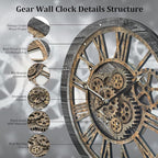 HOIBAI Wall Clock, 24 Inch Moving Gears Clock Large Wall Clock for Living Room Decor Rustic Vintage Industrial Steampunk Farmhouse Big Clock for Home Kitchen Bedroom Office