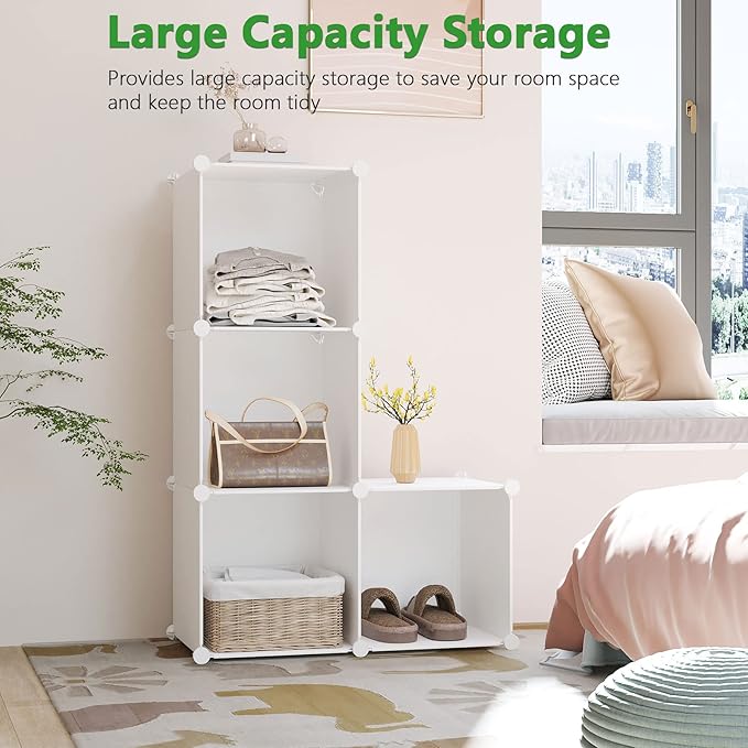 C&AHOME Cube Storage Organizer, 4-Cube Shelves Units, Closet Cabinet, DIY Plastic Modular Book Shelf Ideal for Bedroom, Living Room, Office, 24.8" L x 12.4" W x 24.8" H Milky UPCS04M