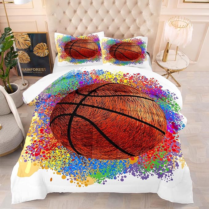 Tailor Shop Basketball Full Size Comforter Set,Basketball Bedding Set for Boys Kids Adults Teens,Sports Kids Basketball Comforter Sets Luxury Graffiti Hip Hop Set with 1 Comforter 2 Pillowcases