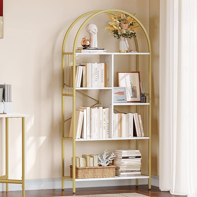 YITAHOME Gold Arched Bookshelf and Bookcase, 5 Tier Standing Book Shelf, Storage Display Rack Shelves for Bedroom Living Room Office,White&Gold