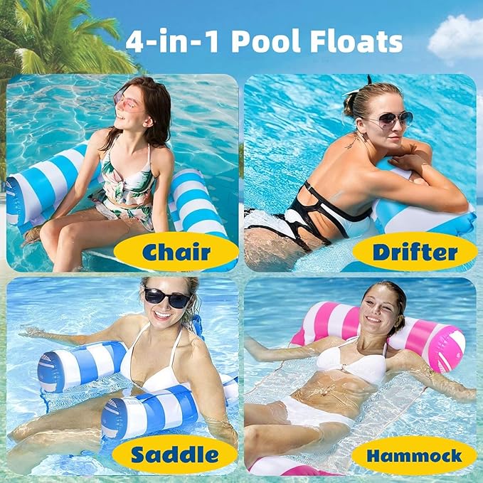 4 Pack Upgrated XL Water Pool Floats, 4-in-1 (Hammock, Saddle, Lounge Chair, Drifter) Multi-Purpose Water Pool Float, Non-Stick PVC Material