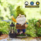 Christmas Garden Gnomes Outdoor - Flocked Gnome Statue Holding Lantern with Solar LED Lights | Gnomes Garden Decorations for Patio, Yard, Lawn Ornaments - Gnome Gifts