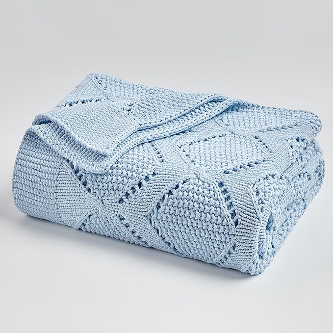 Longhui bedding Chunky Cotton Knit Throw Blanket for Couch, Sofa, Bed, or Chair, Decorative Breathable Fall Cable Knit Blanket 51 x 63 Inches, Light Blue