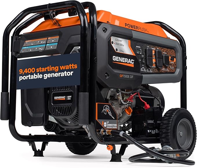 Generac 9,400 Starting Watt Dual Fuel Portable Generator - Electric Start - Gas or Propane Powered - Home Backup or Jobsite - Quiet, Long Runtime, Emergency Power - 49-State Compliant