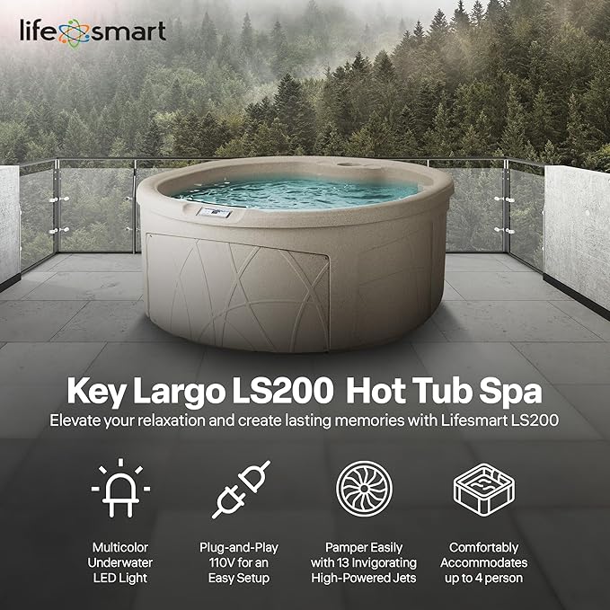 LifeSmart 4-Person Hot Tub, Outdoor Spa with Cover and LED Lights, Circular, Beige - Above-Ground Spa Machine with Accessories for Home and Personal Relaxation