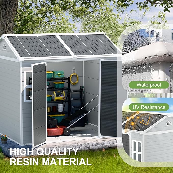 8x6x7 FT Resin Storage Shed, Waterproof Outdoor Shed w/Floor Included, 2 Windows, Double Lockable Doors & Vents,Outside Plastic Tool Sheds for Garden, Lawn, Backyard, Dove Grey