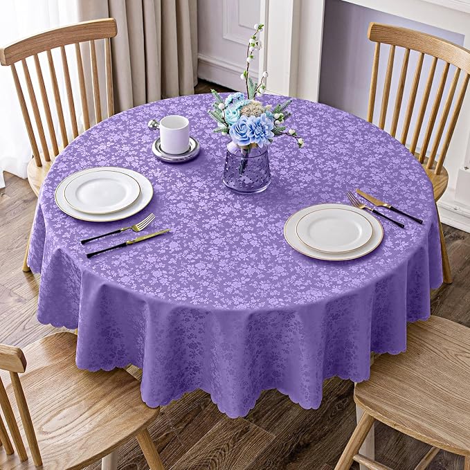 Smiry Round Waterproof Heavy Duty Vinyl Tablecloths, 60 x 60 Inch | Wipeable Washable Floral Embossed Table Cover for Kitchen and Dining Room, Indoor & Outdoor Use, Purple