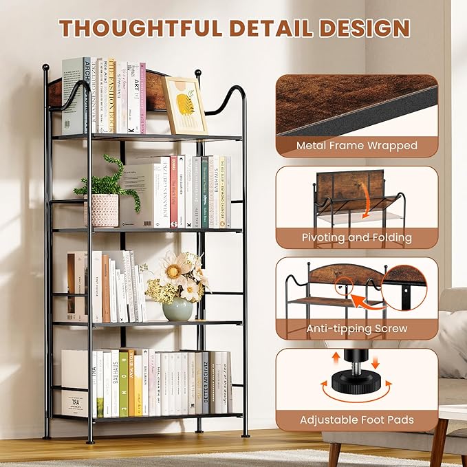 Folding Bookshelf No Assembly, 4 Shelf Black Folding Bookcase with Sturdy Metal Frame, Vintage Open Standing Collapsible Shelves for Bedroom, Living Room, Home Office Organization