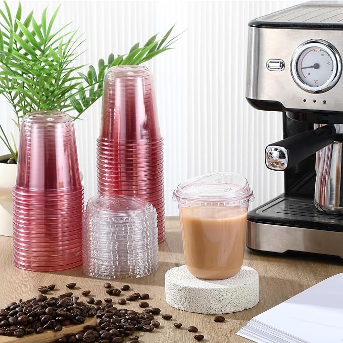 Ziliny 50 Sets Clear Plastic Coffee Cups with Sip Lids, Disposable Plastic PET Crystal Cups for Iced Coffee, Smoothie, Cold Beverage, Drink Shops and Party Catering (Clear Pink,14 oz)