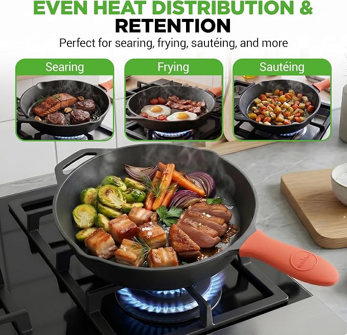 NutriChef 12-Inch Cast Iron Skillet w/Lid - Pre-Seasoned, Oven Safe, Nonstick, Cool-Touch Silicone Handle, For All Cooktops - NCCI12