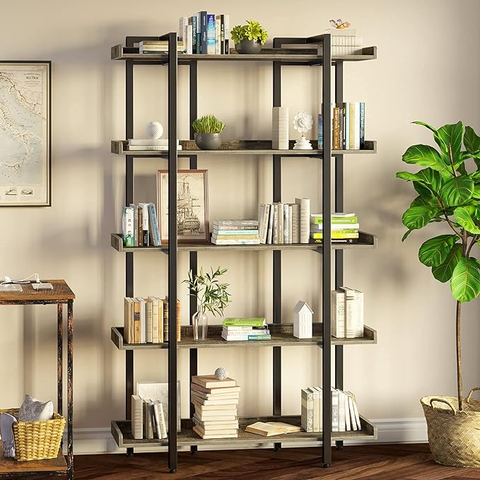 Rolanstar Book Shelf 5-Tier, 71.8’’H Tall Bookshelf for Home Office, Open Wood Display Shelves, Large Standing Bookcase with Metal for Living Room, Industrial Corner Bookshelf Grey