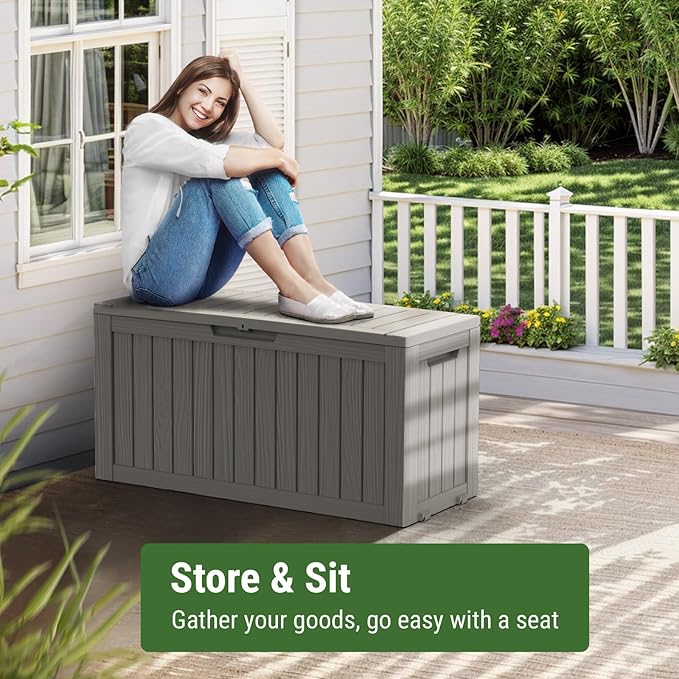 Mars Villa 72 Gallon Deck Box, Outdoor Storage Box Waterproof, Outside Resin Storage Bin for Patio Furniture Cushions, Pool Supplies, Garden Tools, UV-Resistant and Weatherproof, with 4 Wheels, Greige