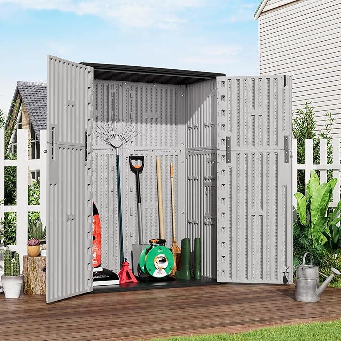 Vertical Storage Sheds with Floor, Sheds & Outdoor Storage Cabinet Waterproof for Garage Storage, Pool Storage, Bike Shed, Garden Shed 57Cu.ft Light Gray