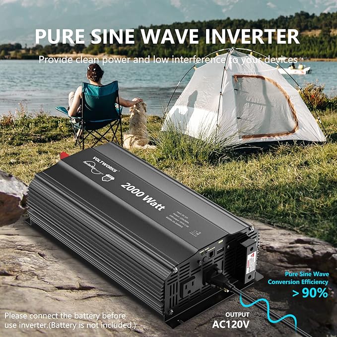 2000 Watt Pure Sine Wave Inverter 12V DC to 110V 120V AC 2000W Power Inverter with UL Fuses and 20A AC Hardwire Terminal Compatible with Lithium Battery for Home RV Truck Off-Grid Solar by VOLTWORKS