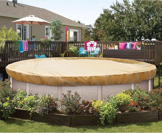 ECOOPTS 12 ft Round Pool Cover for Above Ground Pools, Swimming Pool Cover Protector Winter Safety Cover (Beige)