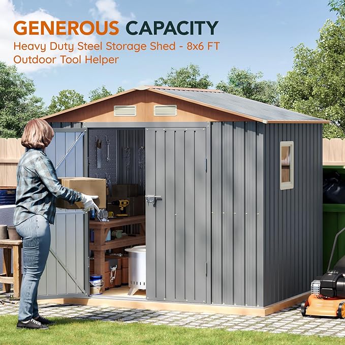 8x6FT Metal Shed & Outdoor Storage Shed, Steel Tool Multi-Used Shed with Vents,Lockable Doors,Window,Compact Tool Shed for Backyard, Patio, Lawn and Garden Various Storage(Matte Gray)