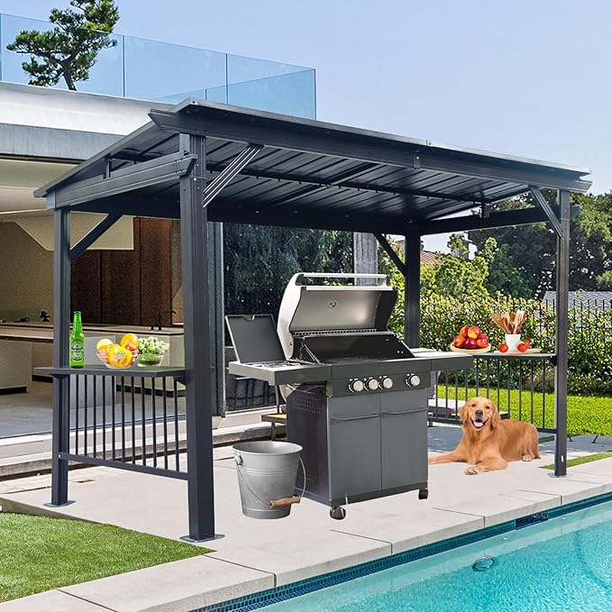 Domi 6.5x12FT Hardtop Grill Gazebo, Outdoor BBQ Gazebo with 2 Side Shelves and Ceiling Hook, Outdoor Grill Canopy with Galvanized Steel Slope Roof for Patio Lawn Backyard Deck, Grey
