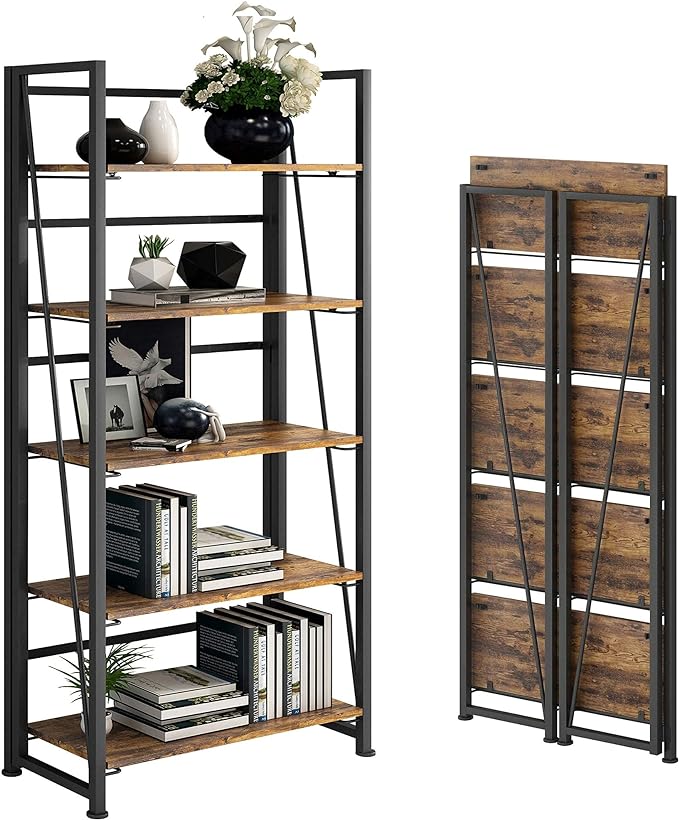 No-Assembly Folding Bookshelf Storage Shelves 5 Tiers Vintage Multifunctional Plant Flower Stand Storage Rack Shelves Bookcase for Home Office(Firestone and Black)