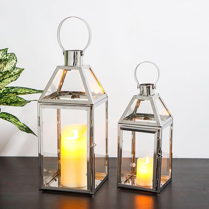 TRIROCKS Set of 2 Stainless Steel Decorative Lanterns 13"&10" H Metal Candle Holders with Tempered Glass for Home Decor Living Room Parties Events Tabletop Indoors Outdoors(Silver)