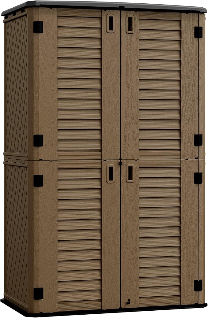 ADDOK Outdoor Storage Sheds Waterproof,Resin Outdoor Storage Cabinet Lockable, Double-Layer Storage Shed for Patios/Generator/Long-Handled Tools