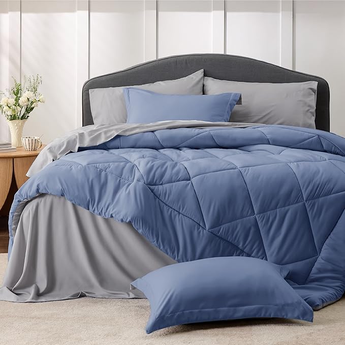 Bedsure Infinity Blue King Size Comforter Set - 7 Pieces Reversible King Bed in a Bag, King Bed Set Infinity Blue and Grey with Comforters, Sheets, Pillowcases & Shams