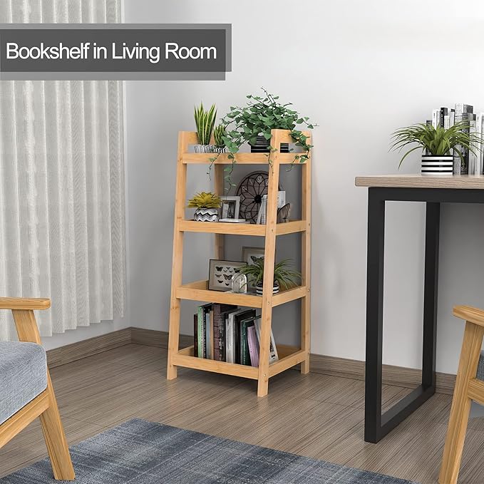 Bamboo Bookshelf, 4 Tier Ladder Shelf, Freestanding Storage Shelf Rack for Bathroom, Kitchen, Living Room