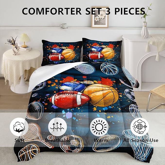 Axolotl Ball Game Bedding Set Twin,Basketball Comforter Set Sports Bedding,Volleyball Comforter Set Soccer Bedding,Football Comforter Colorful Grunge Style for Kids Boys Teens,1 Quilt 2 Pillowcases
