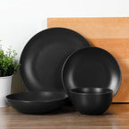 Gibson Home Queenslane 16-Piece Matte Black Stoneware Dinnerware Set – Double Bowl Plates and Bowls, Durable Kitchen Dinner Set
