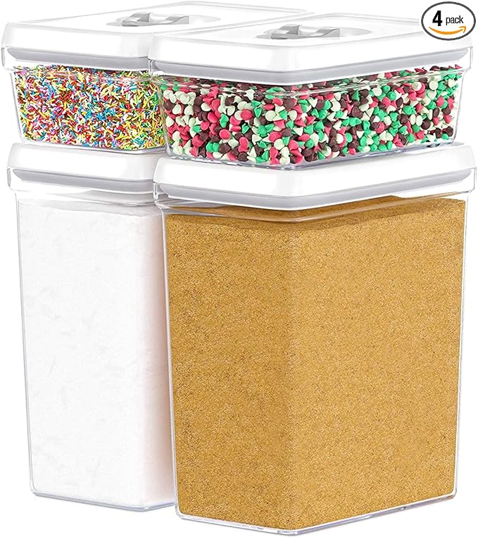DWËLLZA KITCHEN Large Airtight Food Storage Containers - Clear Plastic Bulk Food Pantry & Kitchen Storage Containers for Flour, Sugar and Baking Supplies 4 Pcs. BPA-Free, Keeps Fresh & Dry (White)