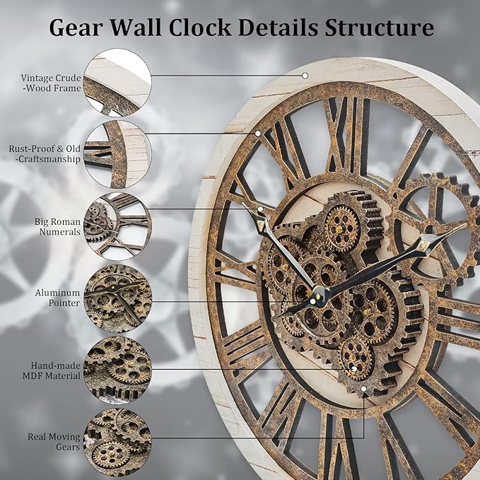 HOIBAI Wall Clock, 24 Inch Moving Gears Clock Large Wall Clock for Living Room Decor Rustic Vintage Industrial Steampunk Farmhouse Big Clock for Home Kitchen Bedroom Office