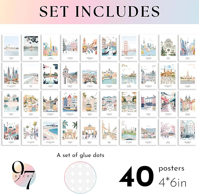 97 DECOR Vintage Travel Decor Posters - World Travel Wall Art Prints, Retro Popular Cities Photo Collage Kit, Trendy City Landscape Aesthetic Pictures for Teen Dorm Bedroom Decorations (40 Pcs, 4"x6")