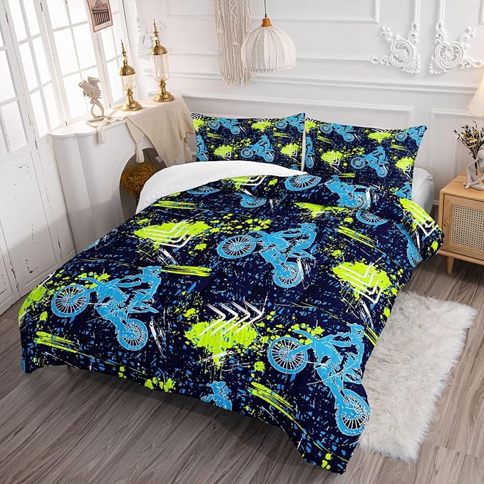 Axolotl Boys Dirt Bike Bedding Set Full,Dirt Bike Comforter Set,Extreme Sports Tie Dye Bedding Set Motor Biker,Motocross Rider Comforter Set for Boys Kids Teens Men,1 Quilt 2 Pillowcases,Blue Green