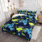 Axolotl Boys Dirt Bike Bedding Set Twin,Dirt Bike Comforter Set,Extreme Sports Tie Dye Bedding Set Motor Biker,Motocross Rider Comforter Set for Boys Kids Teens Men,1 Quilt 2 Pillowcases,Blue Green