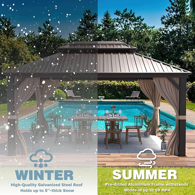 MELLCOM 10'x13' Hardtop Gazebo, Galvanized Steel Double Roof Metal Canopy with Aluminum Frame, Brown Permanent Patio Gazebos with Curtains and Netting for Patios, Gardens, Lawns