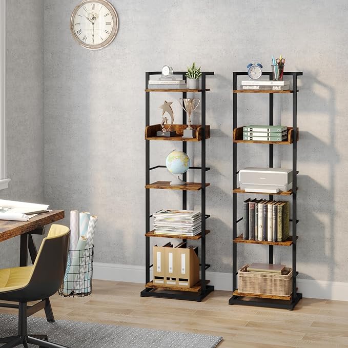 Bookshelf 5-Tier Book shelf - Narrow Wood Bookcase Tall Corner Book Shelves Storage Organizer Display Book Rack for Living Room Bedroom Office Home (Rustic Brown)