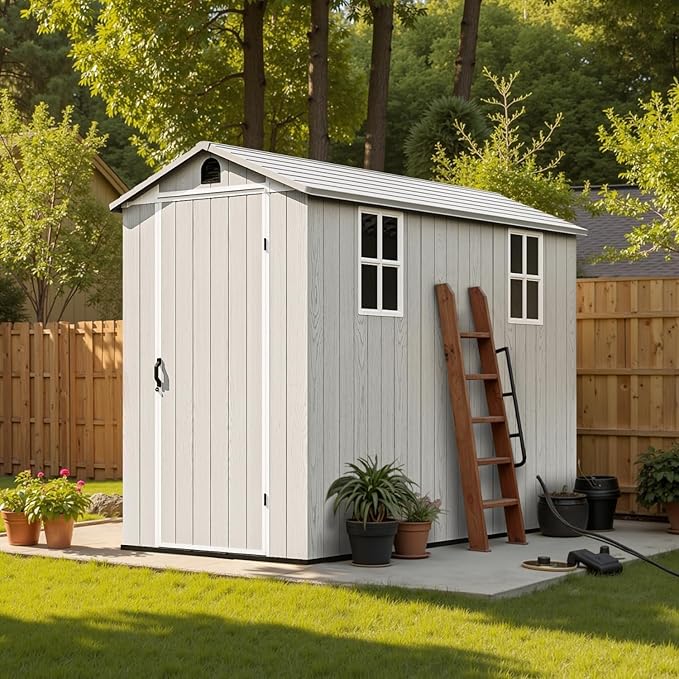Patiowell 4x8 FT Outdoor Storage Shed with Floor & 2 Windows, Large Plastic Garden Shed with Lockable Door for Backyard, Patio, and Lawn, White (Fit-it Shed)