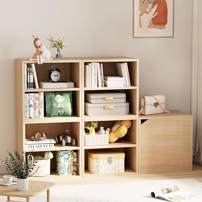 Storage Cube 2 Tires Natural Stackable Storage Shelf, Cubby Organizer Wooden Display Shelf Closet Organizer,Modern Cubical Bookcase Compact Storage Cabinet for Living Room Bedroom Office
