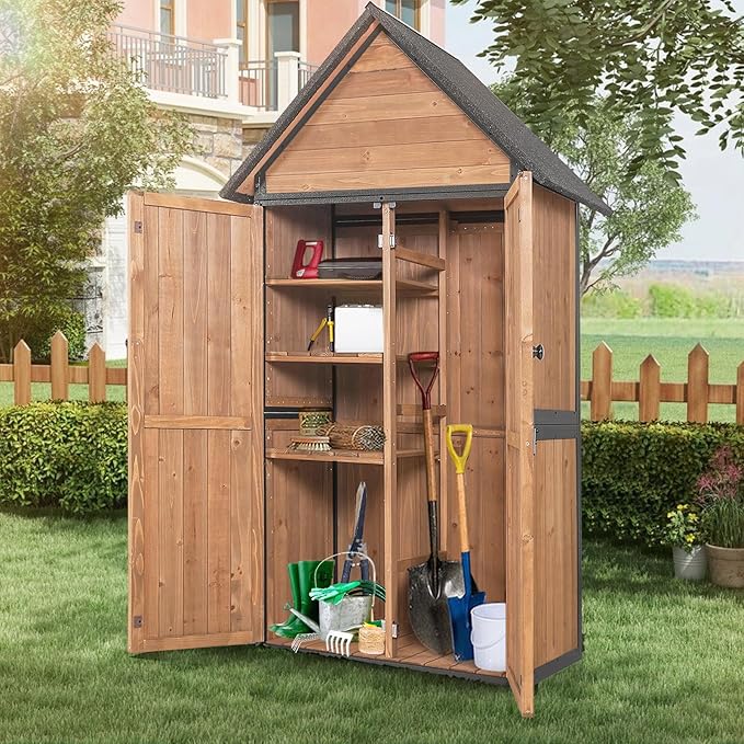GUTINNEEN Outdoor Storage Shed with All Around Strong Metal Frame, Garden Tool Sheds Cabinet with Floor & Adjustable Shelves, Wooden Tool House for Backyard Garden Patio Lawn (Brown)